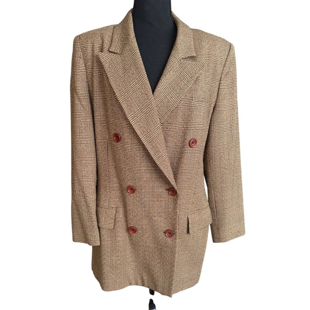 Vintage Preston York Women 12 Brown Plaid Double-Breasted Wool Blazer Jacket